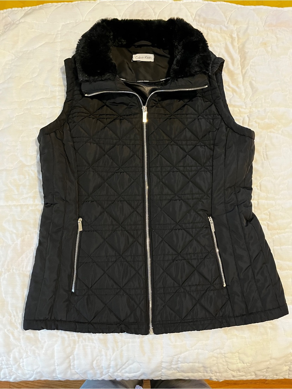 Calvin Klein Black Quilted Vest with Faux Fur Collar